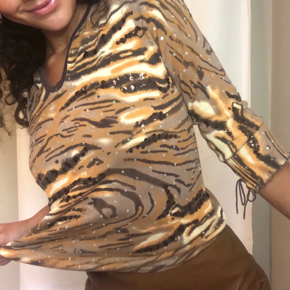 Vintage Joseph A. Knit Sequined Tiger Print Quarter Sleeve Blouse - Picture 4 of 6